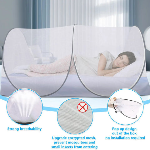 Extra Large Pop Up Mosquito Tent For Bed Camping And Travel Portable Foldable Net with person sleeping, breathable mesh visible