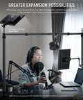 Overhead Camera Mount Rig With Dual Ball Heads And Heavy Duty Clamp in professional studio setup for podcasting and filming