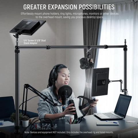 Overhead Camera Mount Rig With Dual Ball Heads And Heavy Duty Clamp in professional studio setup for podcasting and filming