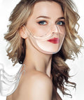 Woman wearing Transparent Face Shield For Men And Women, Lightweight Anti Fog Protective Shield, showing smile and makeup.