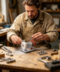 Powerful Mini Bench Grinder With 100W Brushless Motor Delivers Lightning Fast Six Thousand RPM Grinding Action Perfect For Precision Sharpening And Smoothing Wood Metal Blades In Small Workspaces Effortlessly being used by a man in a workshop.