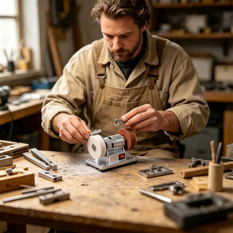 Powerful Mini Bench Grinder With 100W Brushless Motor Delivers Lightning Fast Six Thousand RPM Grinding Action Perfect For Precision Sharpening And Smoothing Wood Metal Blades In Small Workspaces Effortlessly being used by a man in a workshop.