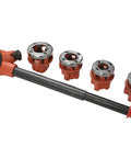 Manual Pipe Threading Tool NPT Die Set With 5 Interchangeable Dies 3/8 Inch 1/2 Inch 3/4 Inch 1 Inch And 1-1/4 Inch, Forward And Reversible Ratchet Head On A 20 Inch Handle, Plastic Dipped Grips, Perfect For DIY Home Plumbing