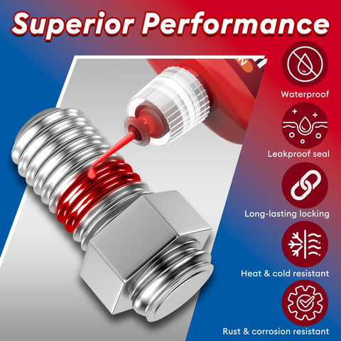 Nanoxa thread lock two-pack; red liquid applied from bottle to a metal bolt and nut