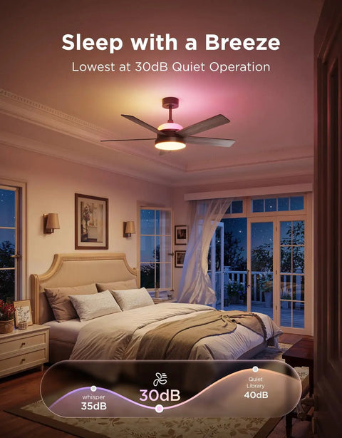 Bedroom with Ceiling Fan With Lights And Remote, 52 Inch Low Profile Black, RGBIC Smart Lighting, glowing in dim light