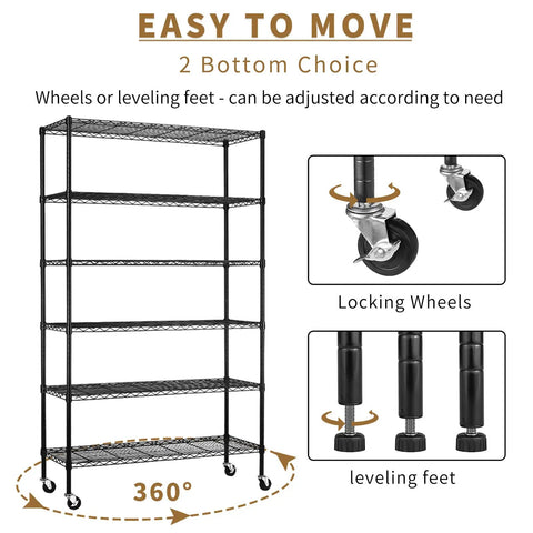 Six Tier Heavy Duty Wire Shelving Unit With Wheels 2100 Lb Capacity 45 By 18 By 82 Inches Adjustable Shelves In One Inch Increments NSF Certified Garage Basement Storage Rack Black Metal with locking wheels and leveling feet