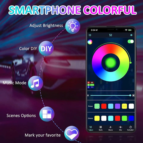Smartphone app interface for 4 Piece Underglow Kit For Cars And Trucks App Controlled Multicolor RGB Underbody Lights With Music Sync.