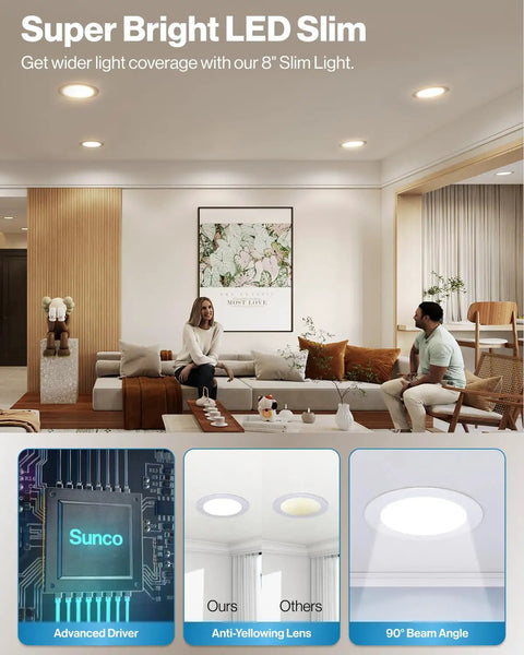 Living room with installed Six Pack 8 Inch Dope Ultra Thin LED Recessed Lights With Canless Smooth Trim And Junction Box Adjustable