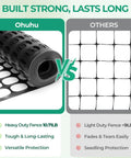 Comparison of Ohuhu heavy-duty plastic garden fence netting roll versus lighter alternatives, highlighting durability and versatility.