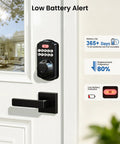Keyless Fingerprint Door Lock With Keypad Deadbolt In Matte Black showcasing low battery alert indicator on a door.