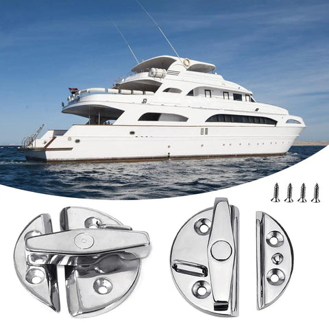 Marine Cabinet Door Catch Latches 316 Stainless Steel Push Button Hardware for Boats and Outdoor Gear shown with yacht