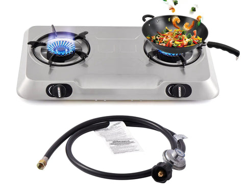 Two Burner Portable Propane Gas Stove With Auto Ignition Stainless Steel Cooktop 19000 BTU Hr High Heat in use with pans