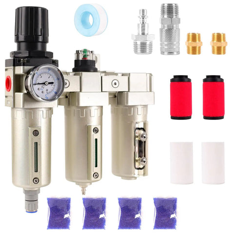 Three Quarter Inch NPT Pro Grade Three Stage Air Dryer System With Auto Drain Water Separator, filters, and regulator parts