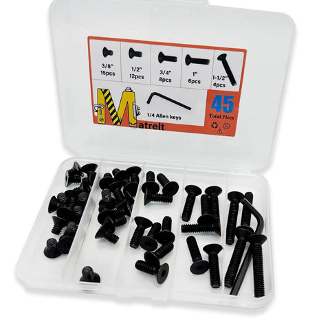 45 Piece 1/4 20 Countersunk Head Socket Cap Screw Assortment Kit With Allen Keys Black Grade 10.9 Carbon Steel Machine Bolts Flat Hex Bolt Set Heavy Duty Fasteners Diy Repair Solid Build Job Rock Solid Reliability Killer Quality Value, open case