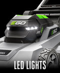 Cordless Electric Lawn Mower With 56V 6.0Ah Battery And 320W Charger, LED lights detail, close-up of front design with wheels