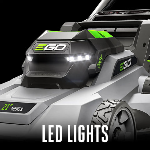 Cordless Electric Lawn Mower With 56V 6.0Ah Battery And 320W Charger, LED lights detail, close-up of front design with wheels