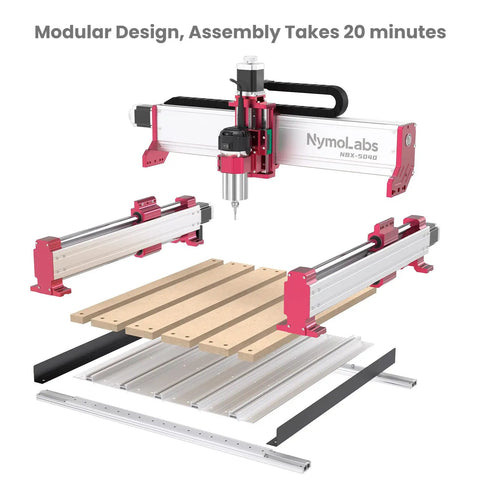 Exploded view of NBX-5040 CNC Router with 710W Beefy Trim Spindle, 7000-30000 RPM, ER-11 Collet, dual 20mm steel HSS rails.