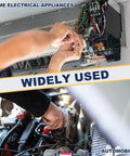 Hands repairing home electrical appliance and automobile engine, showcasing the wide use of slotted spring pin set for repairs.