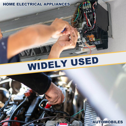 Hands repairing home electrical appliance and automobile engine, showcasing the wide use of slotted spring pin set for repairs.