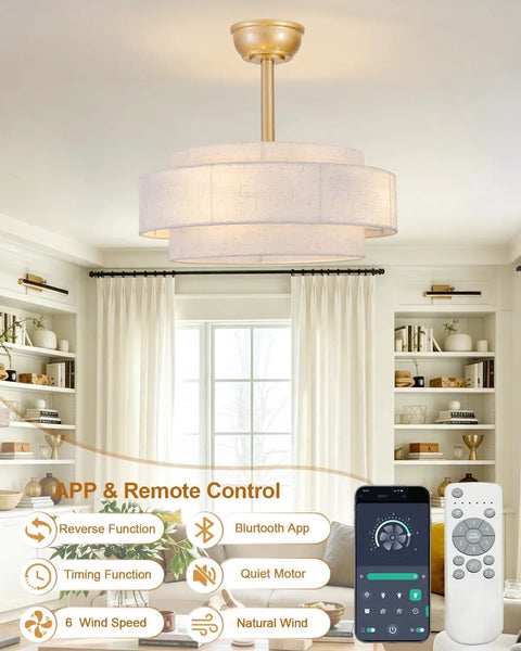 XINGSIYUELYX Ceiling Fan with Light in gold finish, stylish design with remote control and APP features in living room setting.