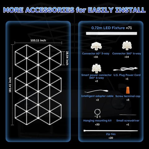 Diagram showing accessories included with Hexagonal LED Garage Light Kit 71 Pack Mega Bright 710W 78100LM Energy Efficient Honeycomb Ceiling Lights.