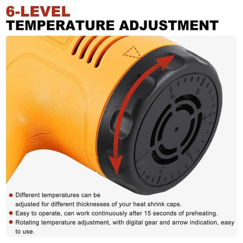 Close-up of temperature adjustment dial on Zap A Wine Bottle Heat Shrink Gun For Fast Pvc Capsule Sealing, showcasing six levels.