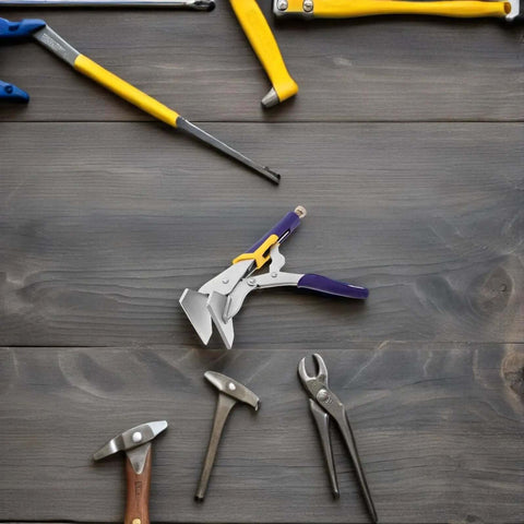 Heavy Duty Hand Seamer Locking Pliers With Textured Handle shown with other tools on wooden surface