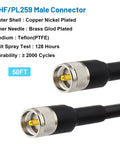 50ft KMR400 PL259 Male To Male Coaxial Cable with copper nickel plated outer shell and brass gold plated inner needle