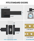 Diagram of Matte Black Door Handle Set Built Tough Heavy Duty Reversible Square Lever showing dimensions and parts.
