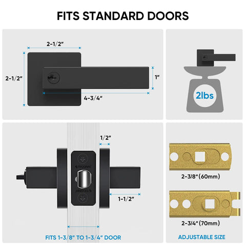Diagram of Matte Black Door Handle Set Built Tough Heavy Duty Reversible Square Lever showing dimensions and parts.