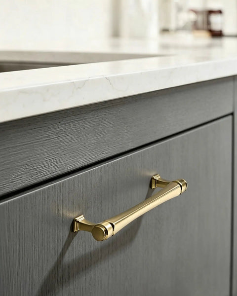10 Pack 5 Inch Champagne Bronze Cabinet Pulls, Solid Zinc Alloy Hardware For Kitchen Cabinets, Dresser, Vanity And Wardrobe, Includes M4 Screws, Rust Resistant, Durable Handle Set on gray cabinet drawer.