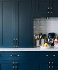 Blue kitchen with 10 Pack Black And Gold Knurled 5 Inch 128mm Hole Center Cabinet Handles For Kitchen Cabinets And Drawer Pulls.
