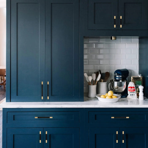 Blue kitchen with 10 Pack Black And Gold Knurled 5 Inch 128mm Hole Center Cabinet Handles For Kitchen Cabinets And Drawer Pulls.