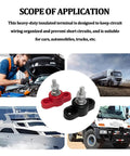 Sweet Two Piece Car Battery Junction Block With Solid Quarter Inch Terminals For 12V Rigs featuring red and black terminals in automotive setting.