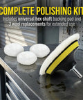 6 Piece 6 Inch Wool Polishing Pad Kit With M14 Drill Adapter And Hook And Loop Backing Pad For Car Detailing Glass Tile And Tire Polishing And Waxing Today, showing wool pads and adapter on workbench.