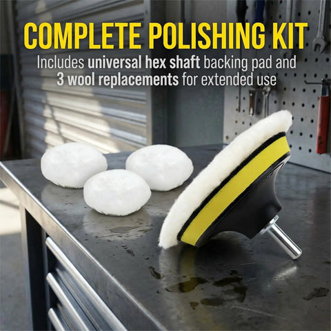 6 Piece 6 Inch Wool Polishing Pad Kit With M14 Drill Adapter And Hook And Loop Backing Pad For Car Detailing Glass Tile And Tire Polishing And Waxing Today, showing wool pads and adapter on workbench.