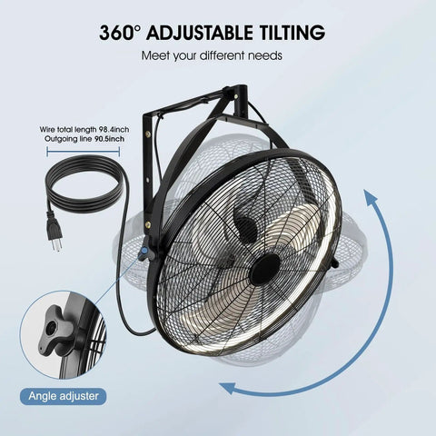 20 Inch Wall Mount Fan With Lights And Dimmable Illumination, 6 Speed High Velocity, 360 Degree Tilt, Industrial Metal Construction