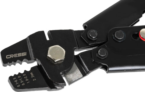 Close-up of Spearfishing Crimping Tool Kit With Three Multifilament Lines in 1.6mm, 1.8mm and 2mm showing crimp size markings