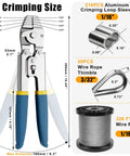Heavy Duty Wire Rope Crimping Tool Kit With 1/16 Inch Stainless Steel Cable And Cutter, Pro Grade Crimper, 210 Aluminum Crimp Loop Sleeves, 50 Pcs Thimbles, Gloves For Railing, String Lights, And Fishing showing tool, cable, sleeves, and thimble sizes