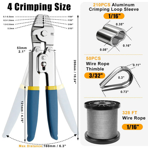Heavy Duty Wire Rope Crimping Tool Kit With 1/16 Inch Stainless Steel Cable And Cutter, Pro Grade Crimper, 210 Aluminum Crimp Loop Sleeves, 50 Pcs Thimbles, Gloves For Railing, String Lights, And Fishing showing tool, cable, sleeves, and thimble sizes