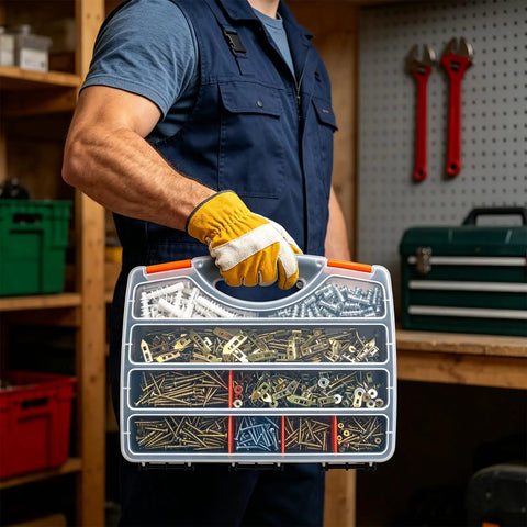 Person holding Heavy Duty Drywall Anchors And Screws Assortment Kit 600 Pieces Self Drilling Hollow Wall Plugs