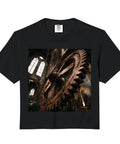 Cool Industrial Gear Machinery Steampunk Architecture Crop Top With Boxfit For A Sick Vintage Vibes, Soft Washed Garment Dyed Heavyweight Cotton Tee, black boxy fit.
