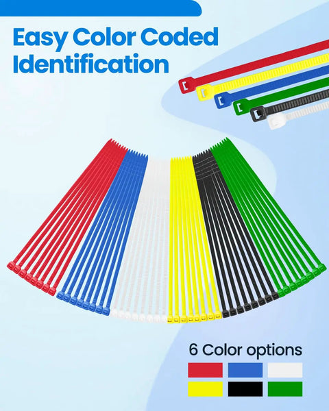 Heavy Duty Zip Ties Kit With Storage Box And Scissors 480 Pack featuring red, blue, white, yellow, black, and green ties
