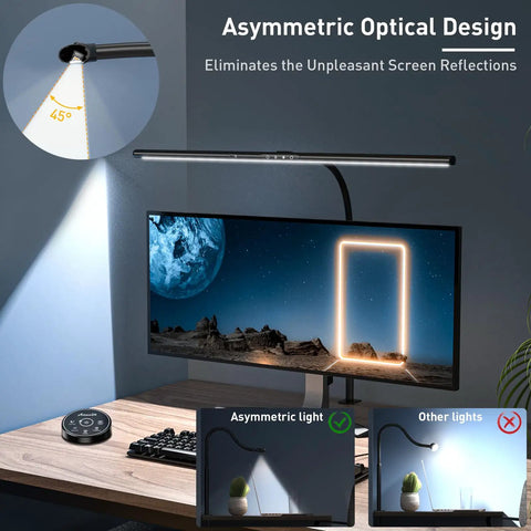 31.5 Inch Wide Gesture Sensor Desk Lamp For Home Office And Multi Monitor Setups Eye Caring 24W LED Light Bar shown on desk