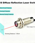 Ultra Compact Laser Photoelectric Sensor Switch M18 PNP No-Brainer 12-24V DC 3 Wire 1-50cm Detection 1ms Fast Response Tiny 2mm Laser Spot Normally Open Laser Beam Sensor NKF-JM18050 Precision Object Detector, M18 metal body