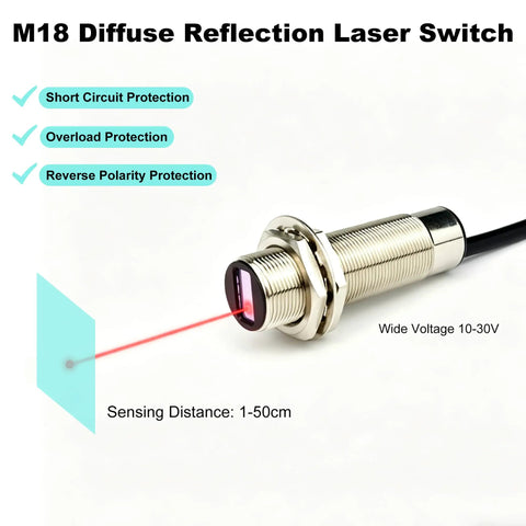 Ultra Compact Laser Photoelectric Sensor Switch M18 PNP No-Brainer 12-24V DC 3 Wire 1-50cm Detection 1ms Fast Response Tiny 2mm Laser Spot Normally Open Laser Beam Sensor NKF-JM18050 Precision Object Detector, M18 metal body