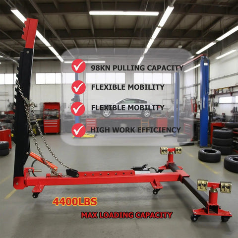 Pro Grade Auto Frame Machine With 98 kN Pulling Power And 4400 Lb Capacity, Heavy Duty Car Frame Straightener in a workshop