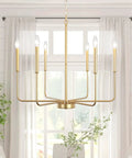 Gold Spray 6 Light Modern Farmhouse Candle Chandelier in dining area with white curtains