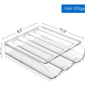 18 Egg Auto Rolling Fridge Egg Tray Storage Organizer, transparent with dimensions 11.2" x 8.5" x 2.76", visible