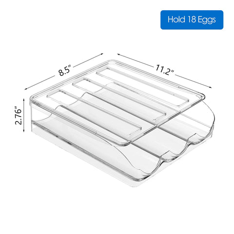18 Egg Auto Rolling Fridge Egg Tray Storage Organizer, transparent with dimensions 11.2" x 8.5" x 2.76", visible